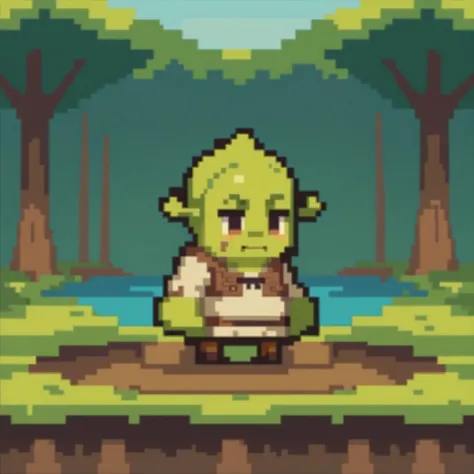 score_9, score_8_up, score_7_up, source_anime, chibi, pixel art, full body, <lora:ChibiPixelArt_XLPD:0.8>, <lora:Shrek_XLPD:1> shrek, green skin, outdoors, wetland, swamp, dirt, 1boy, tree,