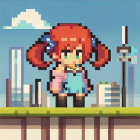 pixel art of a girl standing on a rooftop with a city in the background