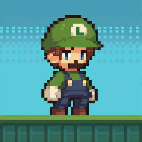 a pixel image of a mario bros character standing in front of a blue background