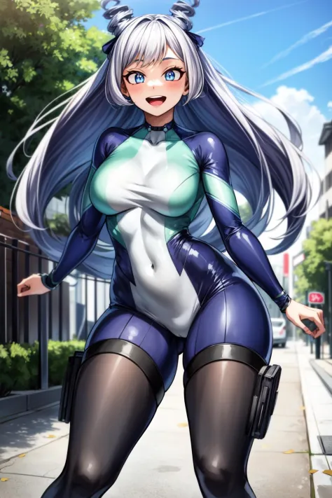 (best quality:1.2), 1girl, (masterpiece:1.2), raytracing, cute face, perfect face, ultra detailed,detailed face, 8k wallpaper,(wide hips:1.2), absurd res,  HadouNejire_NDV, 1girl, blue eyes, blue hair, large breasts, long hair, hair horns, twin drills, drill hair,  outdoor, smile, open mouth, bodysuiit, running