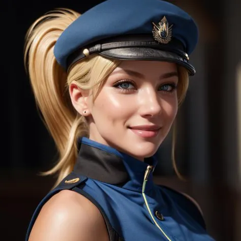 <lora:PureOnyxFemaleCopV1Lora:0.4> woman, blonde hair, ponytail, blue uniform, beret, a woman walking on the bay, horny expressi...