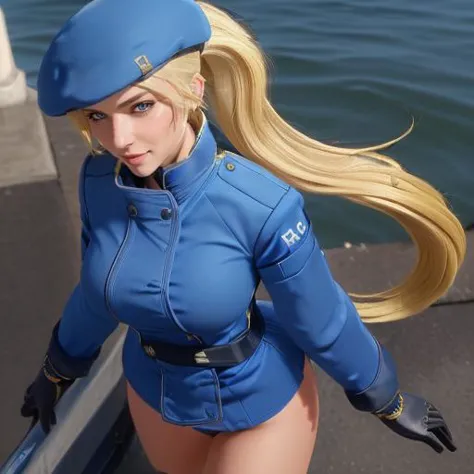 (((<lora:PureOnyxFemaleCopV1Lora:0.5> woman, blonde hair, ponytail, blue uniform, beret, a woman walking on the bay))), horny ex...