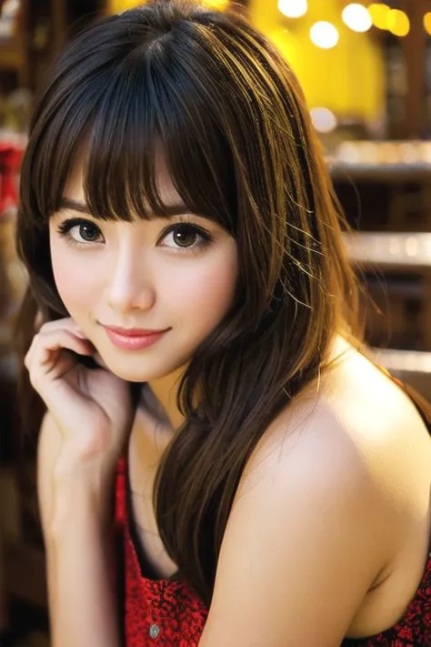 a close up of a woman with long hair and a red dress