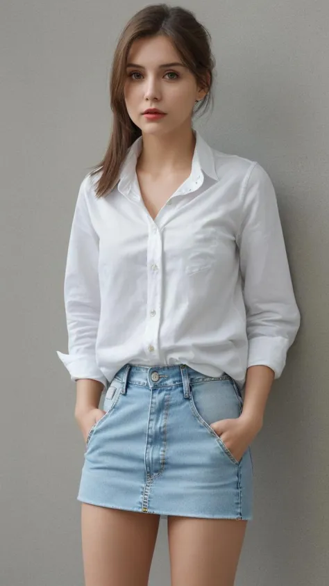 Hands in pockets, pretty woman, white shirt, denim skirt, alone, small face, glossy lips