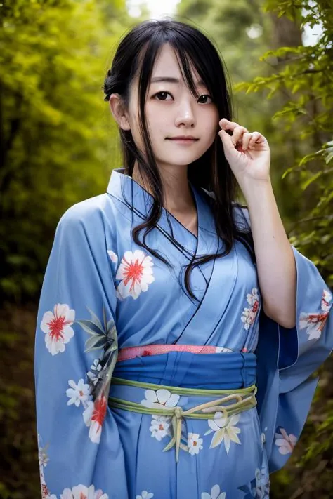 <hypernet:jeannaipotasticpjeannie_v10:0.8>, 20 yo girl, upper_body, wearing (yukata:1.3), normal_chest, fighting pose, nature, f...