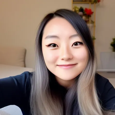 a dark painting of a woman with long hair is smiling for the camera while holding a cell phone in her hand and looking at the camera, art by jlee