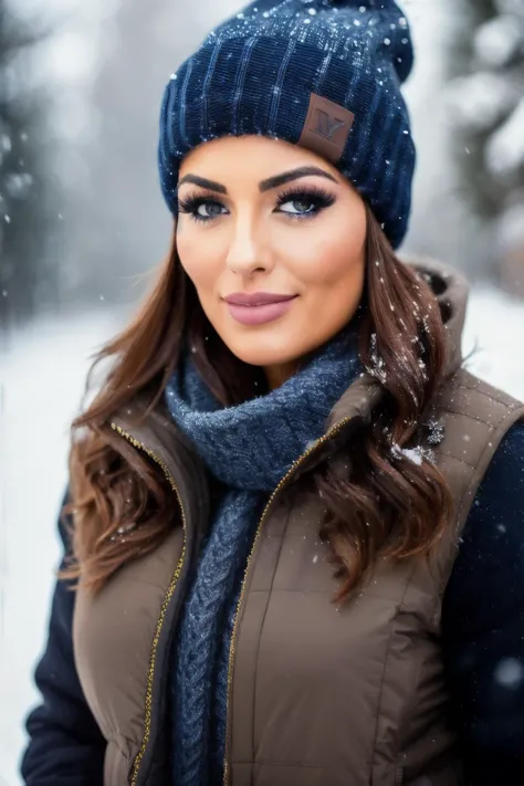 best quality, 4k, 8k, ultra highres, raw photo in hdr, sharp focus, intricate texture, skin imperfections, photograph of mdy with a dark blue wool beanie and winter scarf in the snow wearing a light brown winter jacket, brunette hair, intricate details, snowing,<lyco:MandyR-RealVision-V1.0:1.0>