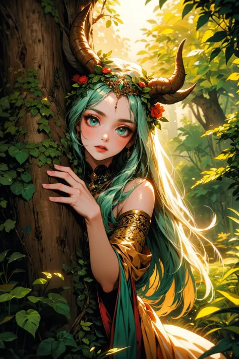 a woman with horns and green hair is standing in the woods