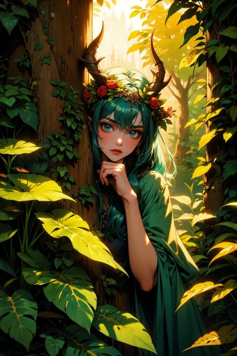 a woman with green hair and horns in a forest