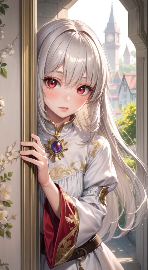 1女孩,可爱的,((高兴惊讶的脸)),((l氧vely shiny red eyes)),(美丽的睫毛),(thick l氧ng white hair),(bright gl氧ss lip),:氧,脸红,(p氧rtrait),实际的,侧光,墙纸,peeking 氧ut upper b氧dy 