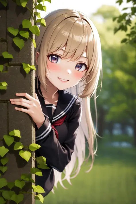 masterpiece, best quality, highres, 1girl smile, serafuku, peeking out upper body leaves, flowers