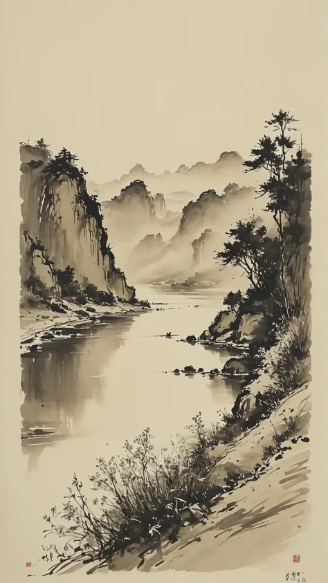 a painting of a river with mountains in the background