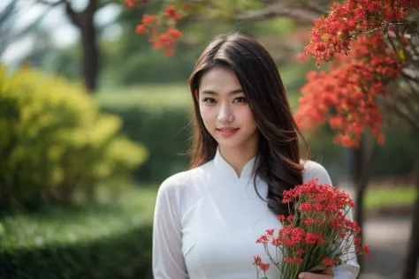 1girl, aodai, photo art, (Poinciana flowers:1.2), tree, a stunning photo with beautiful saturation, ultra high res,(realistic:1.4)),deep shadow,(best quality, masterpiece), pale skin, dimly lit, shade, flustered, blush, highly detailed, skinny, BREAK depth of field, film grain, wrinkled skin, looking at viewer, knee, warm smile, (upper body:1.2), bicycle