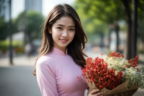 araffe woman in a pink dress holding a bunch of flowers