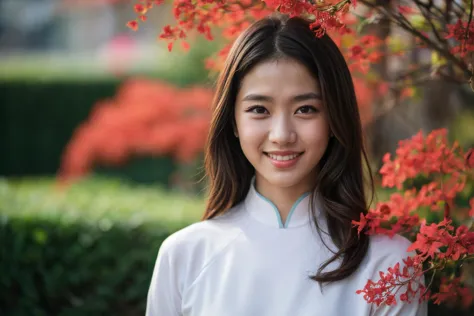 1girl, aodai, photo art, (Poinciana flowers:1.2), tree, a stunning photo with beautiful saturation, ultra high res,(realistic:1.4)),deep shadow,(best quality, masterpiece), pale skin, dimly lit, shade, flustered, blush, highly detailed, skinny, BREAK depth of field, film grain, wrinkled skin, looking at viewer, knee, warm smile, (upper body:1.2), bicycle