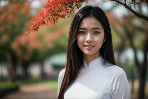 1girl, aodai, photo art, (Poinciana flowers:1.2), tree, a stunning photo with beautiful saturation, ultra high res,(realistic:1.4)),deep shadow,(best quality, masterpiece), pale skin, dimly lit, shade, flustered, blush, highly detailed, skinny, BREAK depth of field, film grain, wrinkled skin, looking at viewer, knee, warm smile, (upper body:1.2), bicycle