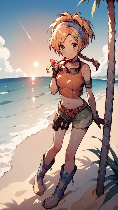 score_9,score_8_up,score_7_up,score_6_up,score_5_up,score_4_up BREAK source_anime,<lora:Princess_Peach_Shiny_Style_V2:0.7>,1girl,blush,shiny skin,skinny,choker,outdoors,beach,bloom,pose,ocean,sand,palm tree,sunset,medium breasts,smile,cute,<lora:RikkuX_XLPD:0.8>,RikkuX,x hair ornament,goggles around neck,fingerless gloves,midriff,navel,belt,boots,navel,blue headband,