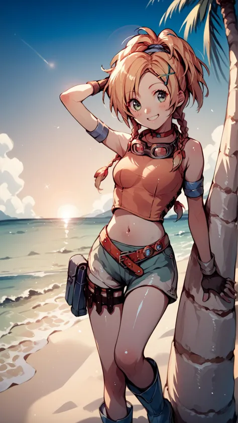 score_9,score_8_up,score_7_up,score_6_up,score_5_up,score_4_up BREAK source_anime,<lora:Princess_Peach_Shiny_Style_V2:0.6>,1girl,blush,shiny skin,skinny,choker,outdoors,beach,bloom,pose,ocean,sand,palm tree,sunset,medium breasts,smile,cute,<lora:RikkuX_XLPD:0.9>,RikkuX,x hair ornament,goggles around neck,fingerless gloves,midriff,navel,belt,boots,navel,blue headband,