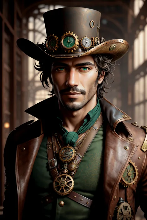 Steampunk explorer, charismatic Brazilian|Thai man, with messy hair, outfitted in detailed vintage-inspired gear, realistic rend...