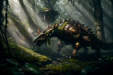 up close image of an ancient clockwork dragon, brass and steel, nestled within an overgrown forest, vibrant green foliage, ruste...