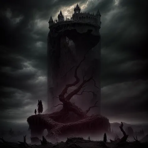 highly detailed photograph of a mysterious ruined castle overlooking a twisted dead tree, hyperdetailed award winning fantasy la...