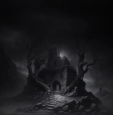 highly detailed illustration of a dark fantasy landscape at night time with fog, crumbling stone wall with a empty doorway, twis...