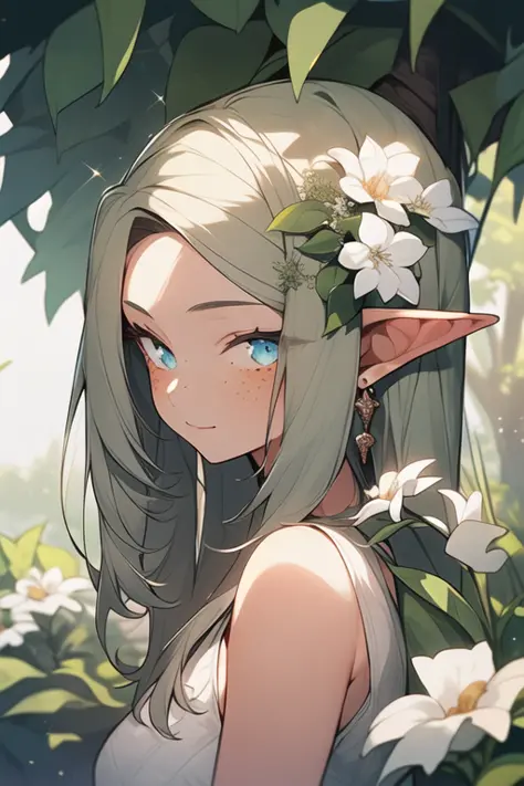 1girl, solo, jewelry, pointy ears, long hair, looking at viewer, ring, earrings, flower, elf, upper body, freckles, breasts, eyelashes, bare shoulders, white flower, dappled sunlight, closed mouth