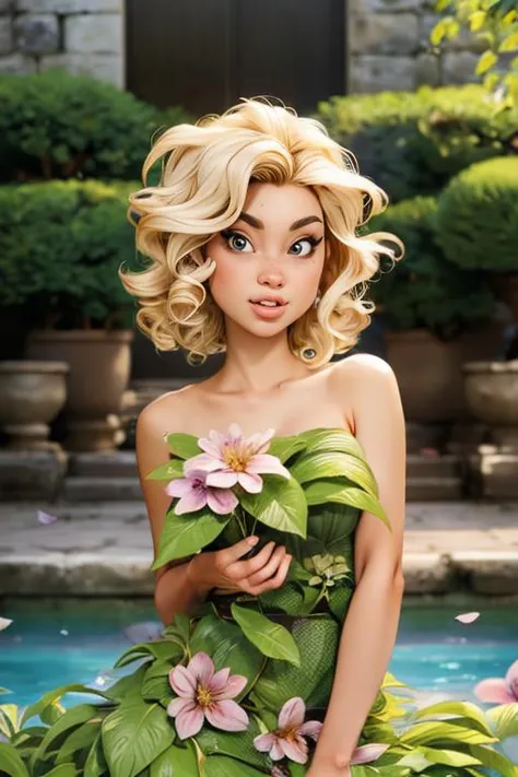 (highly detailed:1.3), masterpiece, best quality, extreme detail,  highly detailed, 3d, Anime style, detailed,8k,unreal,professional lighting,
1girl, (short curly blonde hair),alluring pose,pouty,
 <lora:pl4ntdr3ss:0.8> pl4ntdr3ss, leaf dress, bare shoulders, strapless, flowers,
lushious garden,fountain,birds,outdoor,dof,bokeh,photorealism,