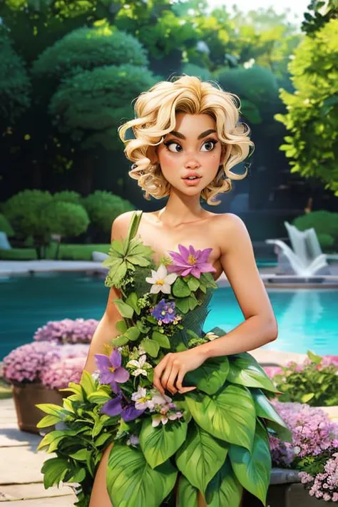 (highly detailed:1.3), masterpiece, best quality, extreme detail,  highly detailed, 3d, Anime style, detailed,8k,unreal,professional lighting,
1girl, (short curly blonde hair),alluring pose,pouty,
 <lora:pl4ntdr3ss:0.8> pl4ntdr3ss, leaf dress, bare shoulders, strapless, flowers,
lushious garden,fountain,birds,outdoor,dof,bokeh,photorealism,