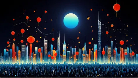 a close up of a city with balloons flying in the air