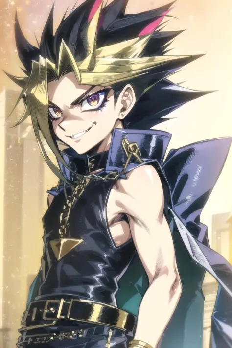 1boy, male,face portrait of atem, spiky hair,black tank top, leather belts, golden chains, pyramid,blue jacket,evil smile, bare ...