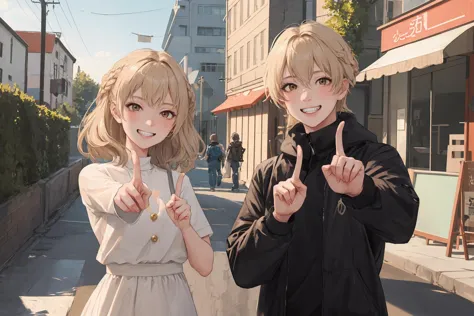 anime characters posing for a picture in a city street