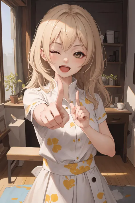 anime girl with blonde hair and yellow dress making a peace sign