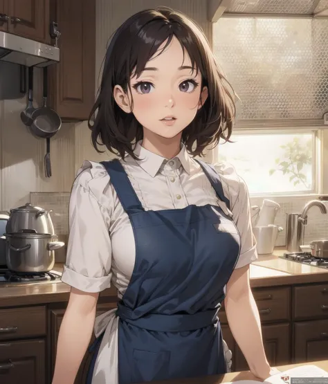 anime girl in apron standing in kitchen with a plate of food