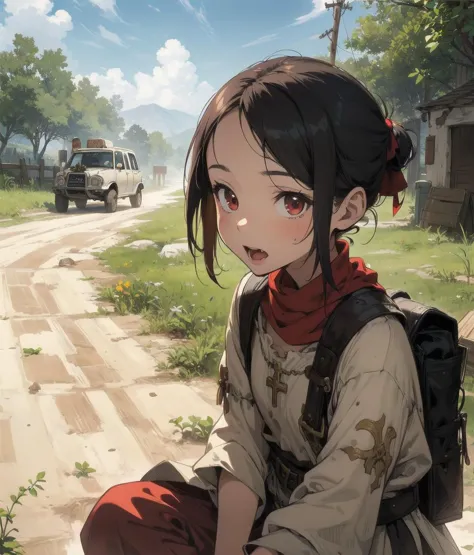 best_quality,Raw,illustration,official art,(muted color,partially colored:0.8),detailed linear hatching\(texture\),recolored,flat color,sunny,(1girl,14yo,kid,beggar so,medieval_fantasy,dirt road,upper body ),