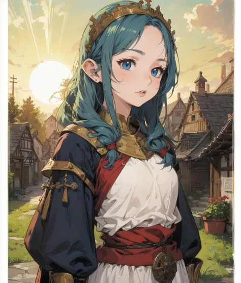 a woman with blue hair and a crown stands in front of a village