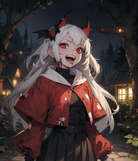 a woman with white hair and red eyes standing in front of a house