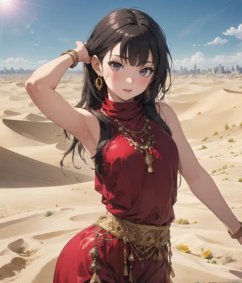 a woman in a red dress standing in the desert