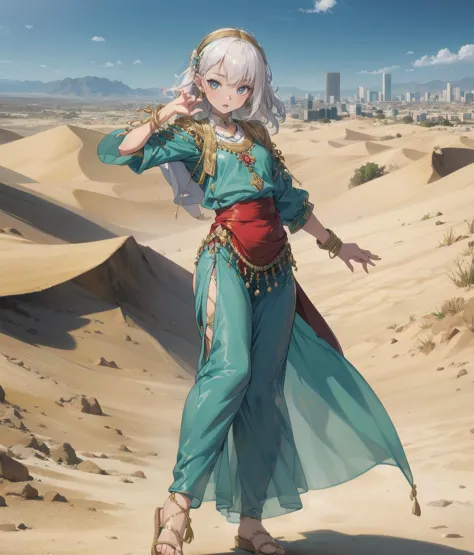 a woman in a blue dress standing in the desert