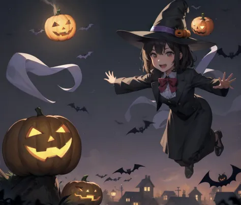 witch flying over a cemetery with pumpkins and bats