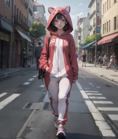 anime girl in a cat costume walking down a street