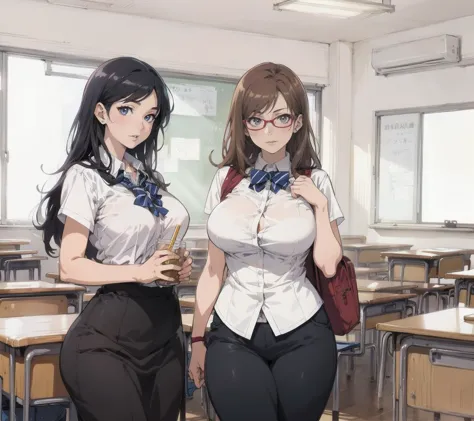 anime image of two women in a classroom with desks and windows