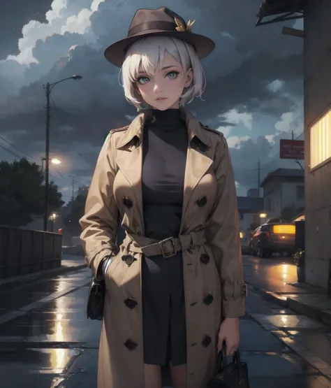 anime girl in trench coat and hat standing on street at night