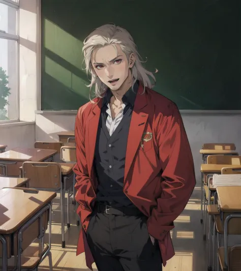 anime character in a classroom with desks and a chalkboard