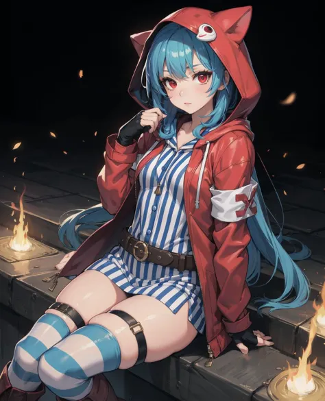 masterpiece,best quality,blue hair,long hair,red eyes,hooded jacket,short dress,striped clothes,fingerless gloves,sleeves past wrists,belt,thigh strap,striped thighhighs,boots,