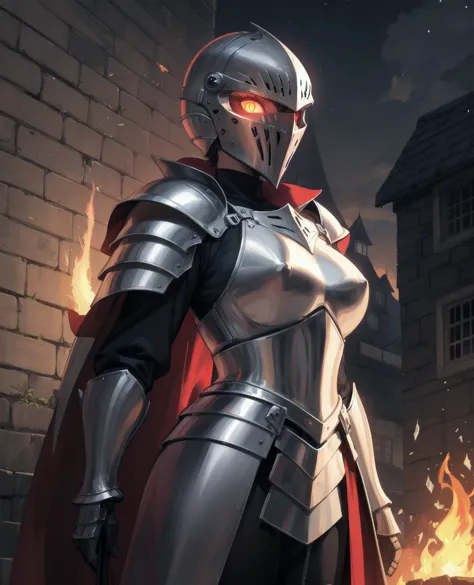 a woman in armor standing in front of a fire