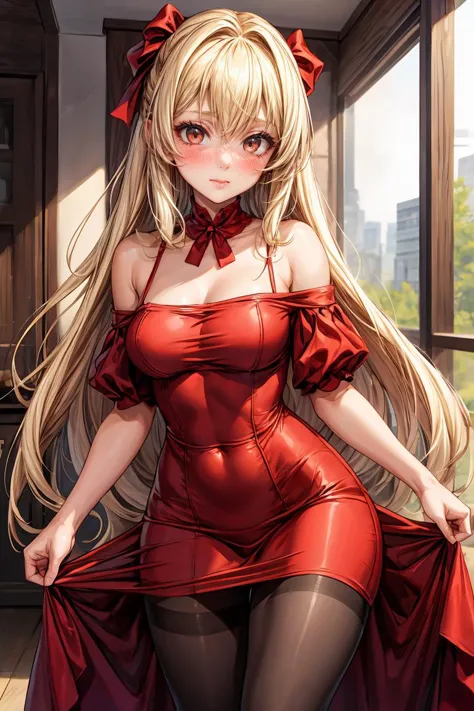 (masterpiece, best quality), 1girl, blonde hair, red dress, pantyhose, cute face, blush, <lora:add_detail:1>