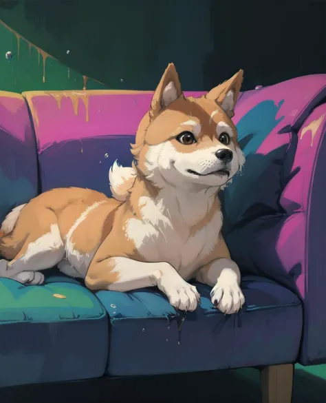 anime dog sitting on a couch with a purple and blue cushion