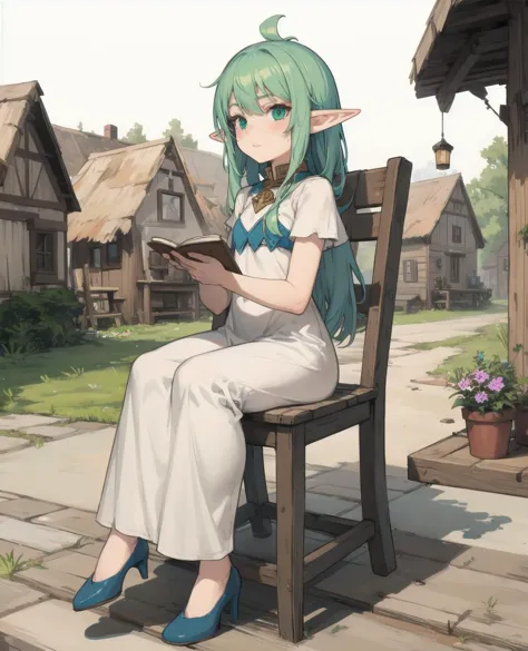 anime girl sitting on a bench reading a book in a village