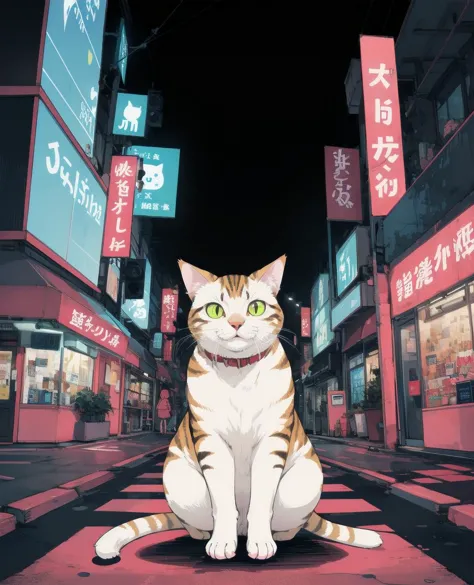 anime cat sitting on the ground in a city at night